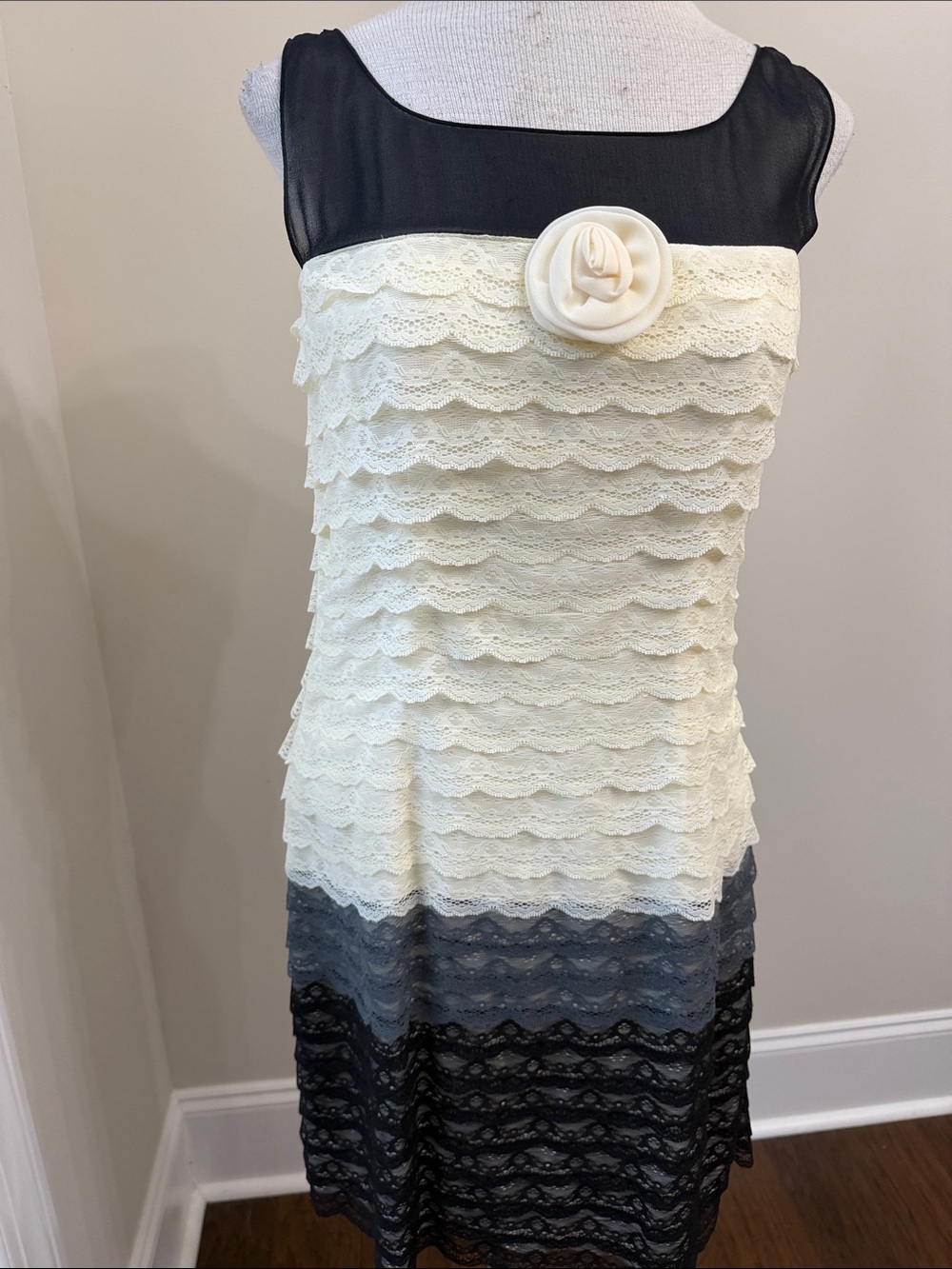Behnaz Sarafpour Ivory, Gray & Black Lace Tiered Midi Dress with Flower Accent